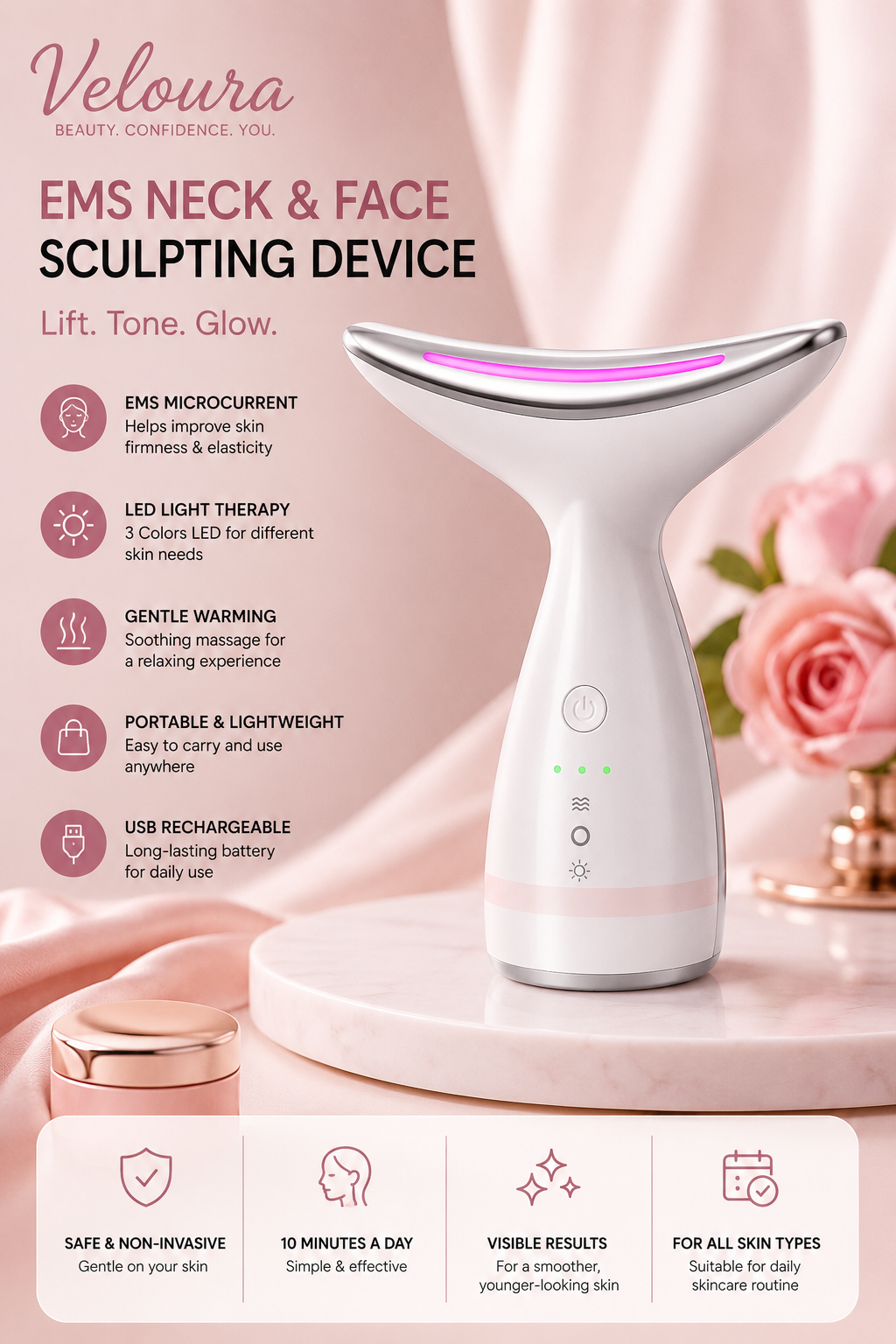 Veloura™ EMS Neck & Face Sculpting Device | LED Beauty Massager
